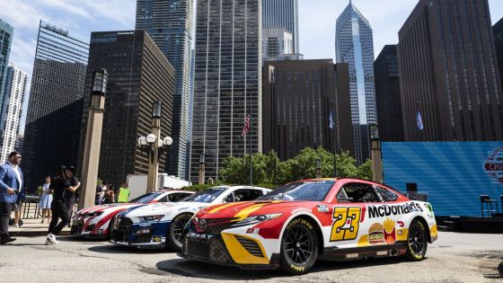 Stock cars set up in downtown Chicago in advance of the announcement Tuesday that NASCAR will hold a race in the city each year for three years, starting in 2023.