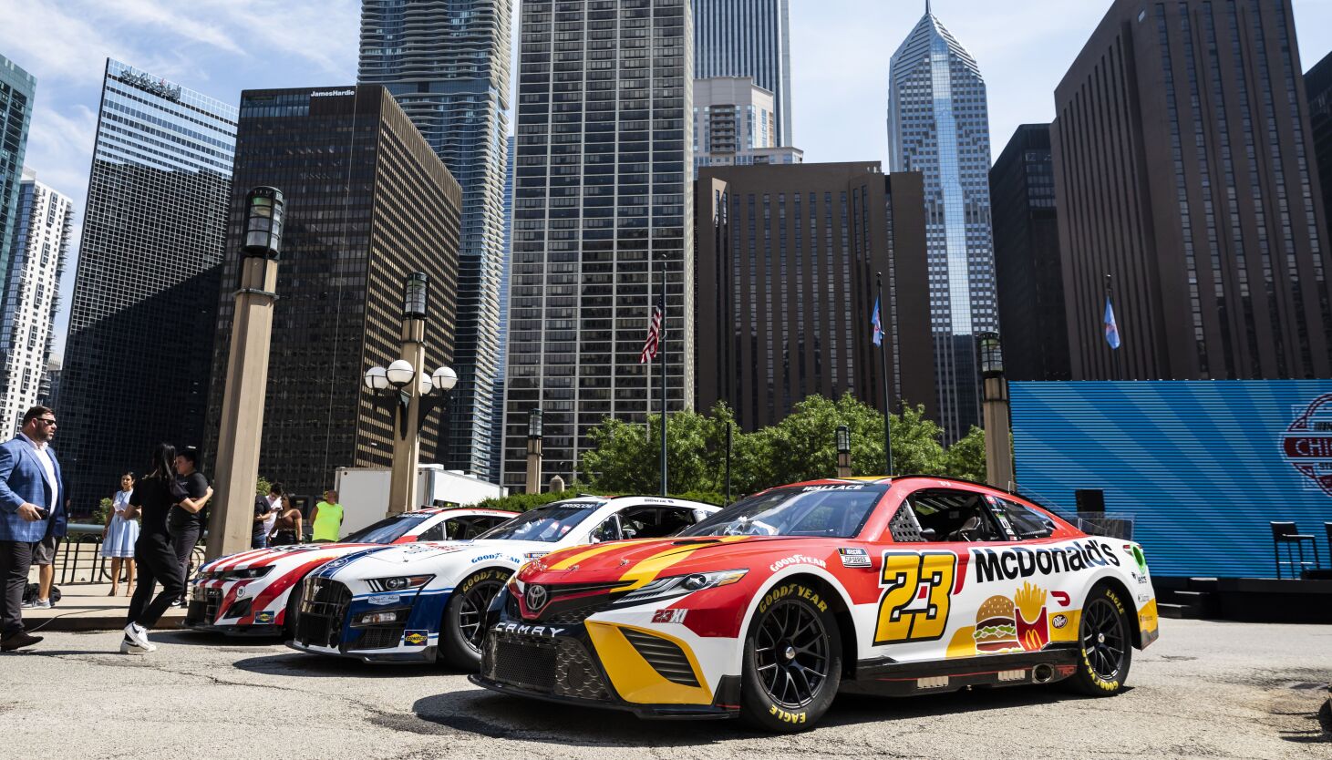 Stock cars set up in downtown Chicago in advance of the announcement Tuesday that NASCAR will hold a race in the city each year for three years, starting in 2023.